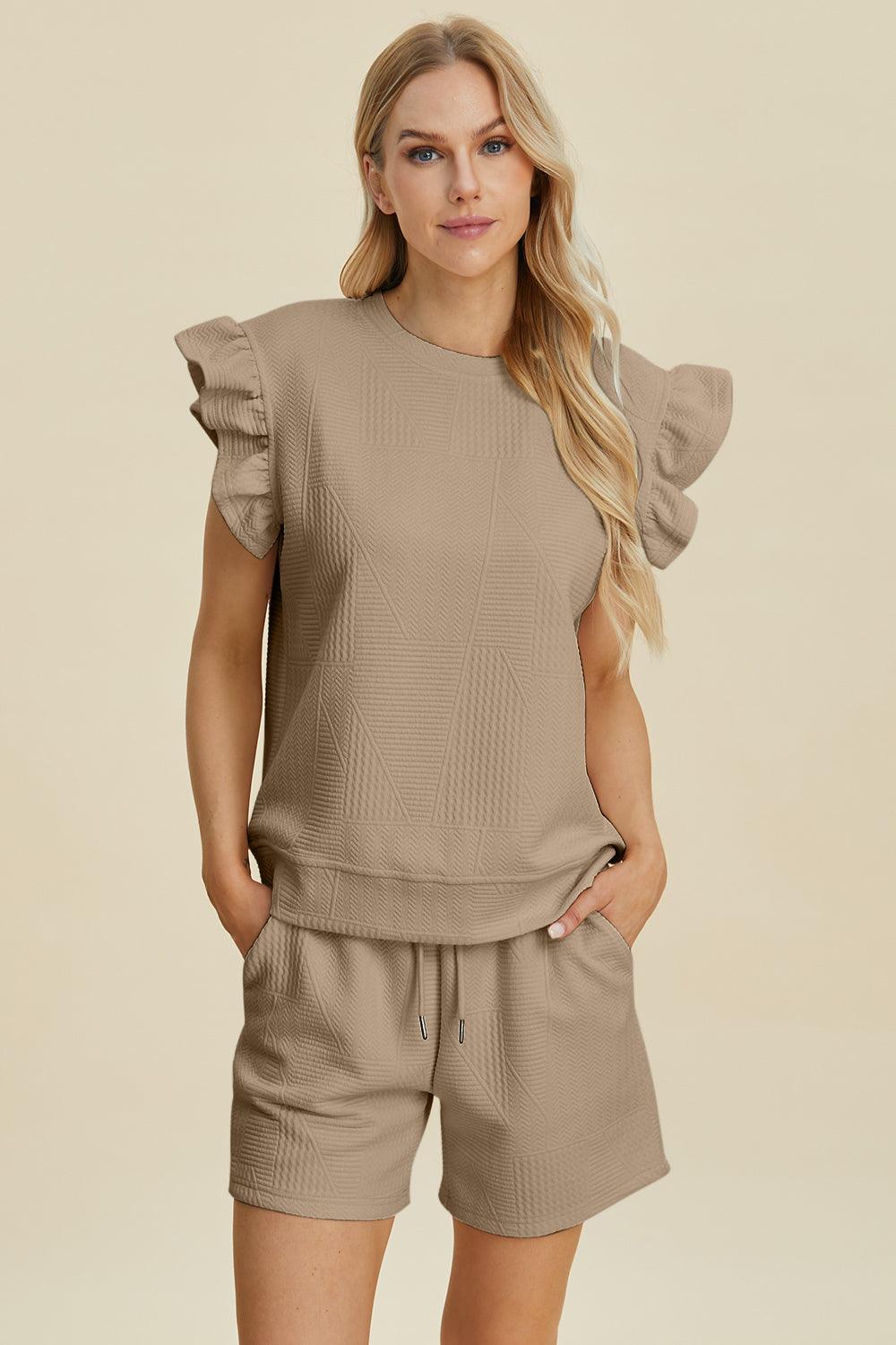 Double Take Texture Round Neck Ruffle Sleeve Top and Short Set Short Set Trends