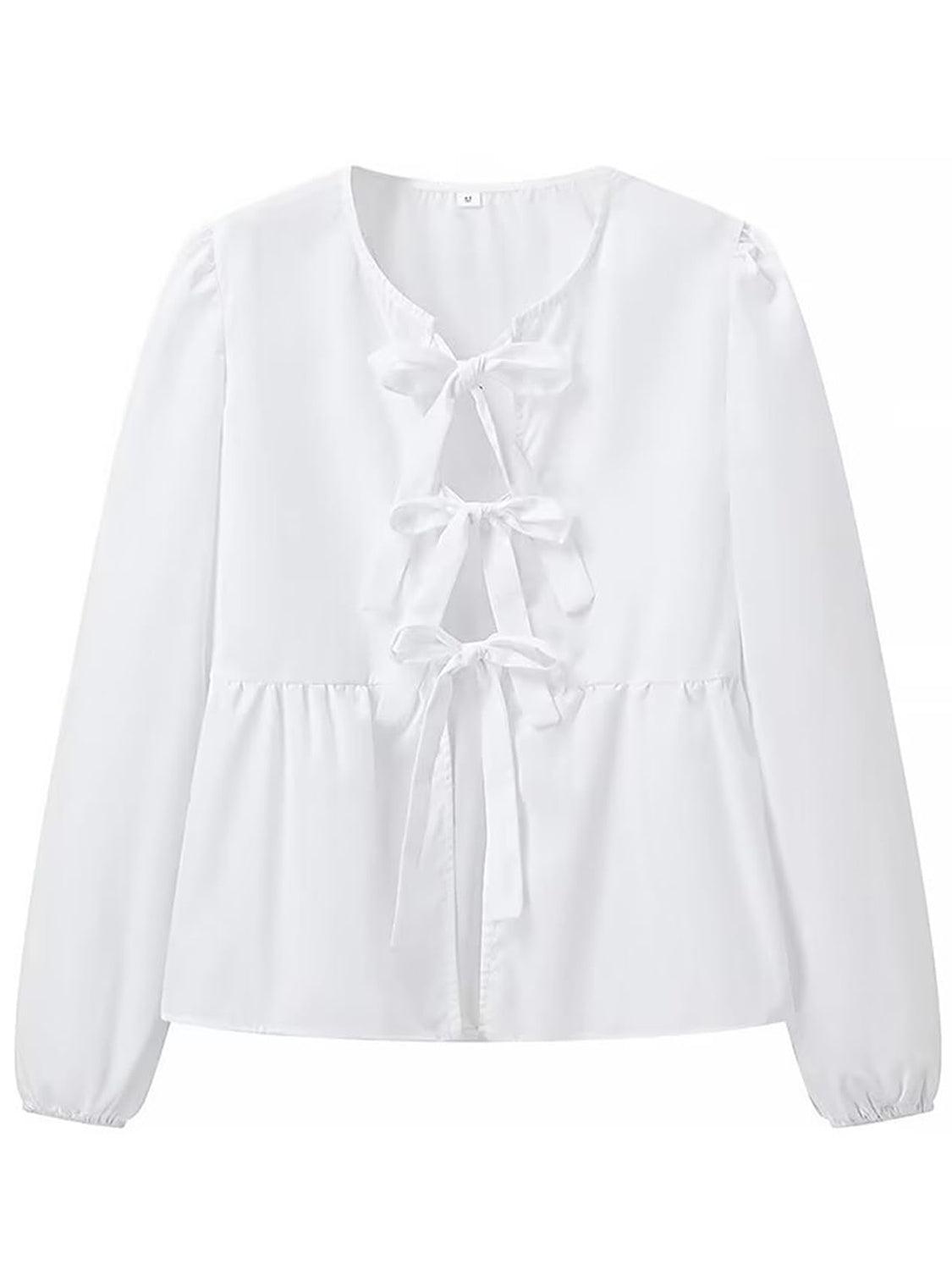 Open Tie-Front Long Sleeve Blouse Blouses Trends
