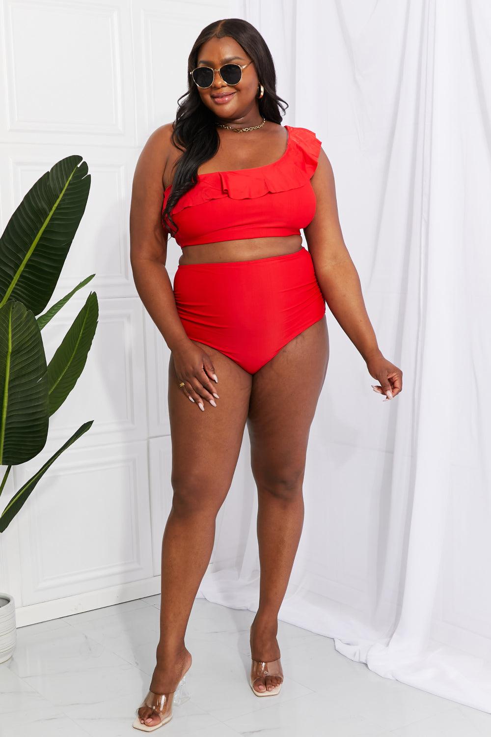 Marina West Swim Seaside Romance Ruffle One-Shoulder Bikini in Red Swimwear Trendsi