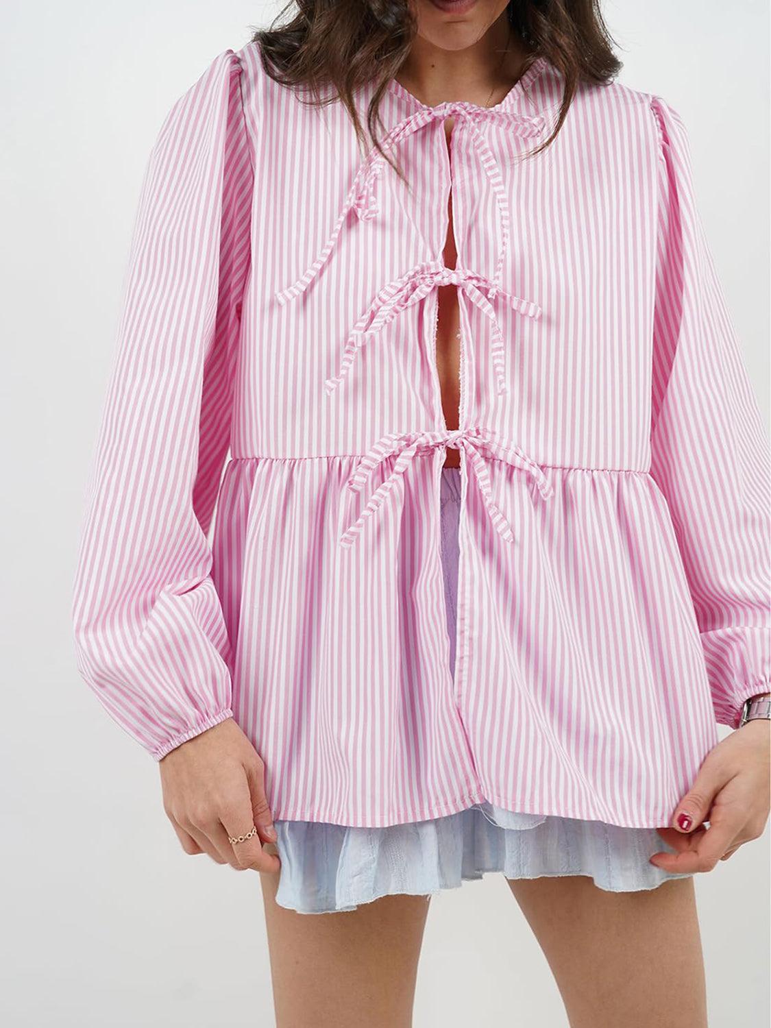 Open Tie-Front Long Sleeve Blouse Blouses Trends