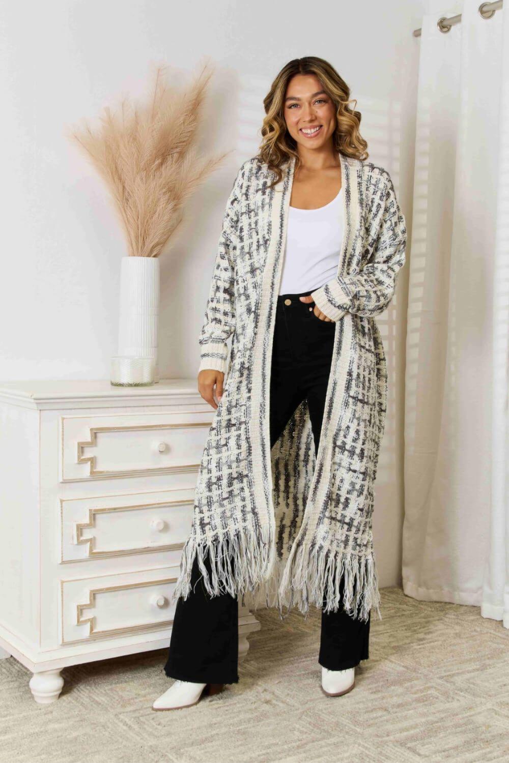 Multicolored Fringe Hem Cardigan Cardigans White Black/White S