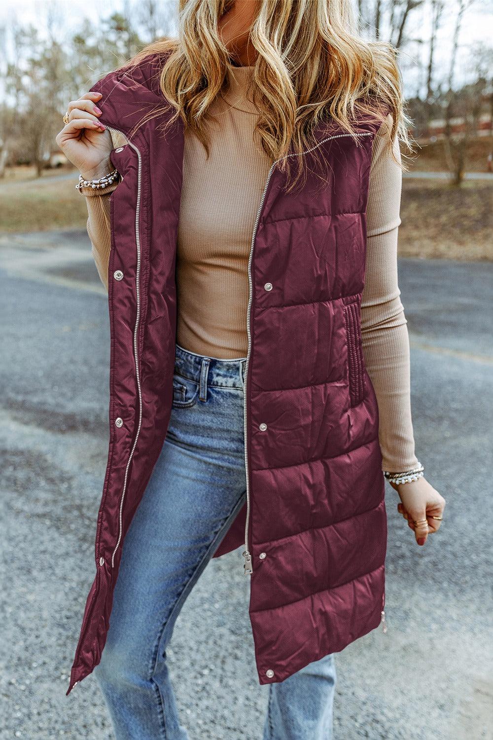 Longline Hooded Sleeveless Puffer Vest Vests Trend Plum L