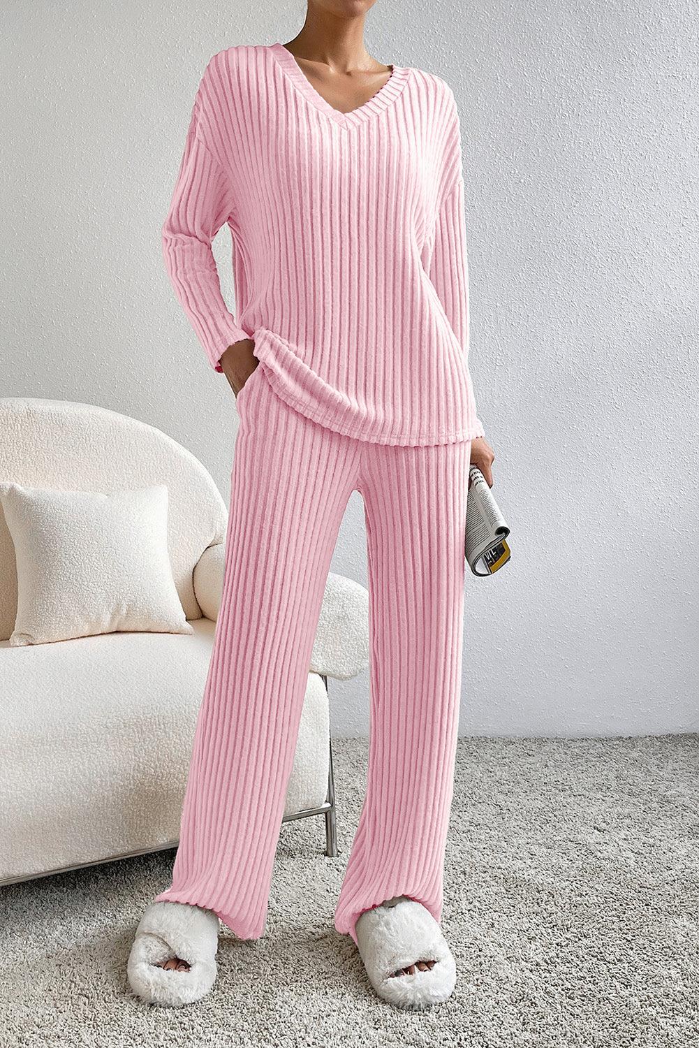 Ribbed V-Neck Top and Pants Lounge Set Pant Set Trendsi Carnation Pink XL