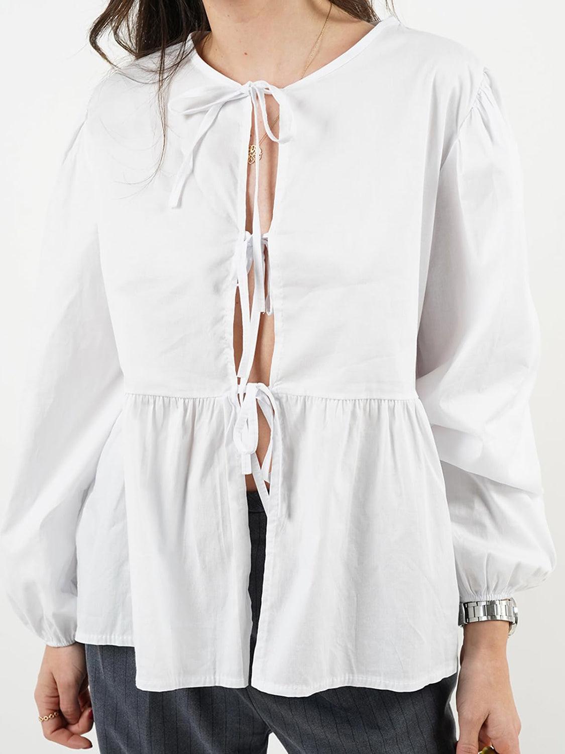 Open Tie-Front Long Sleeve Blouse Blouses Trends White S