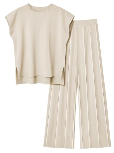 LILLUSORY 2 Piece Outfits for Women Lounge Matching Set Two Piece Knit Tracksuit Sweatsuits Top & Pants Co-Ords Habits affär Beige X-Large