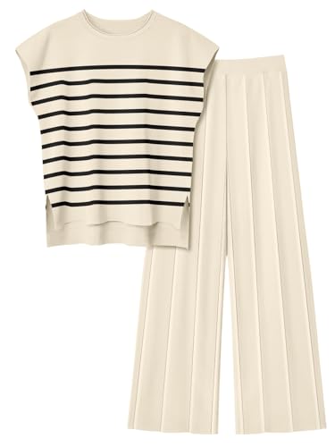 LILLUSORY 2 Piece Outfits for Women Lounge Matching Set Two Piece Knit Tracksuit Sweatsuits Top & Pants Co-Ords Habits affär Striped Apricotblack Medium