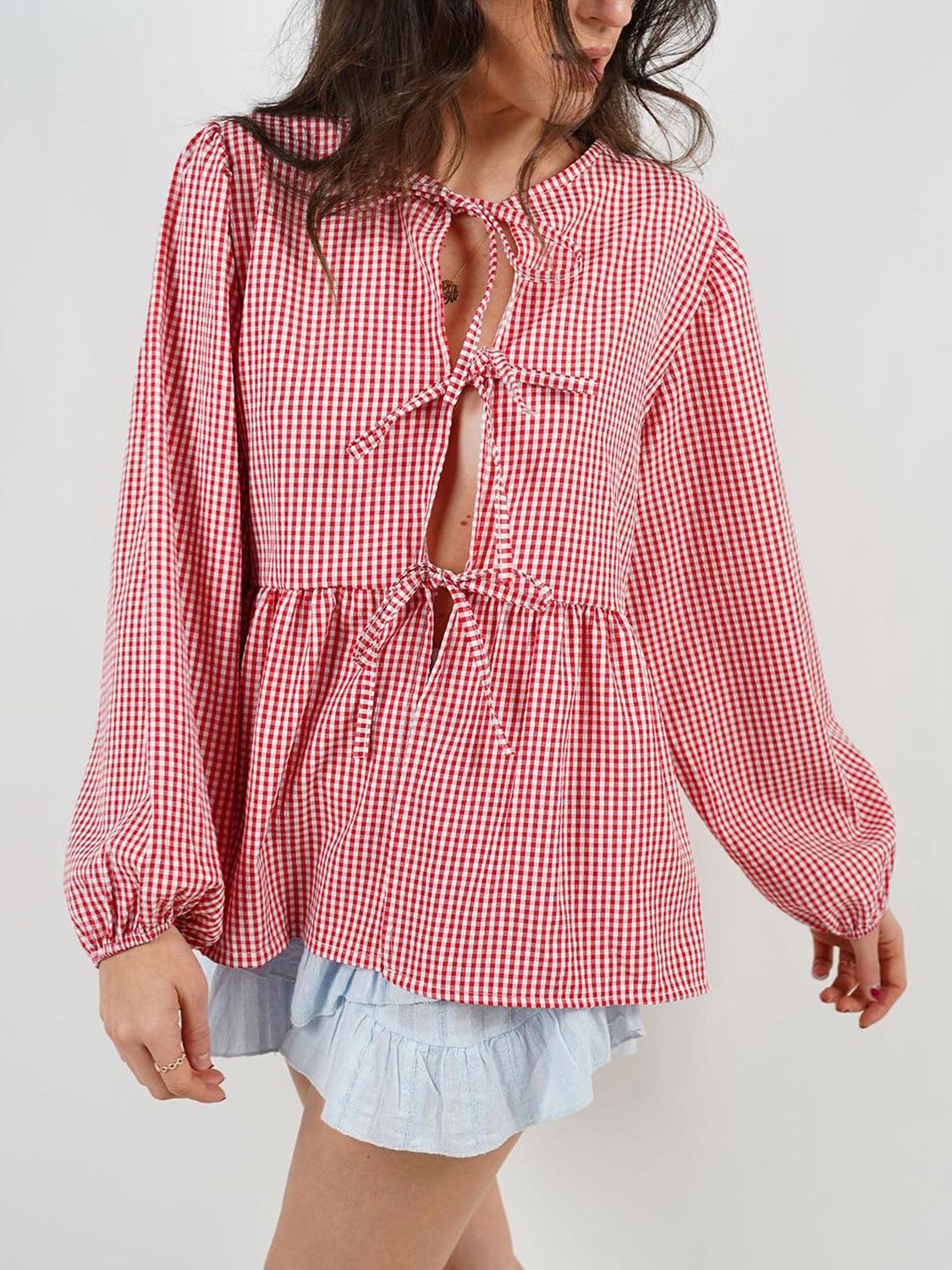 Open Tie-Front Long Sleeve Blouse Blouses Trends