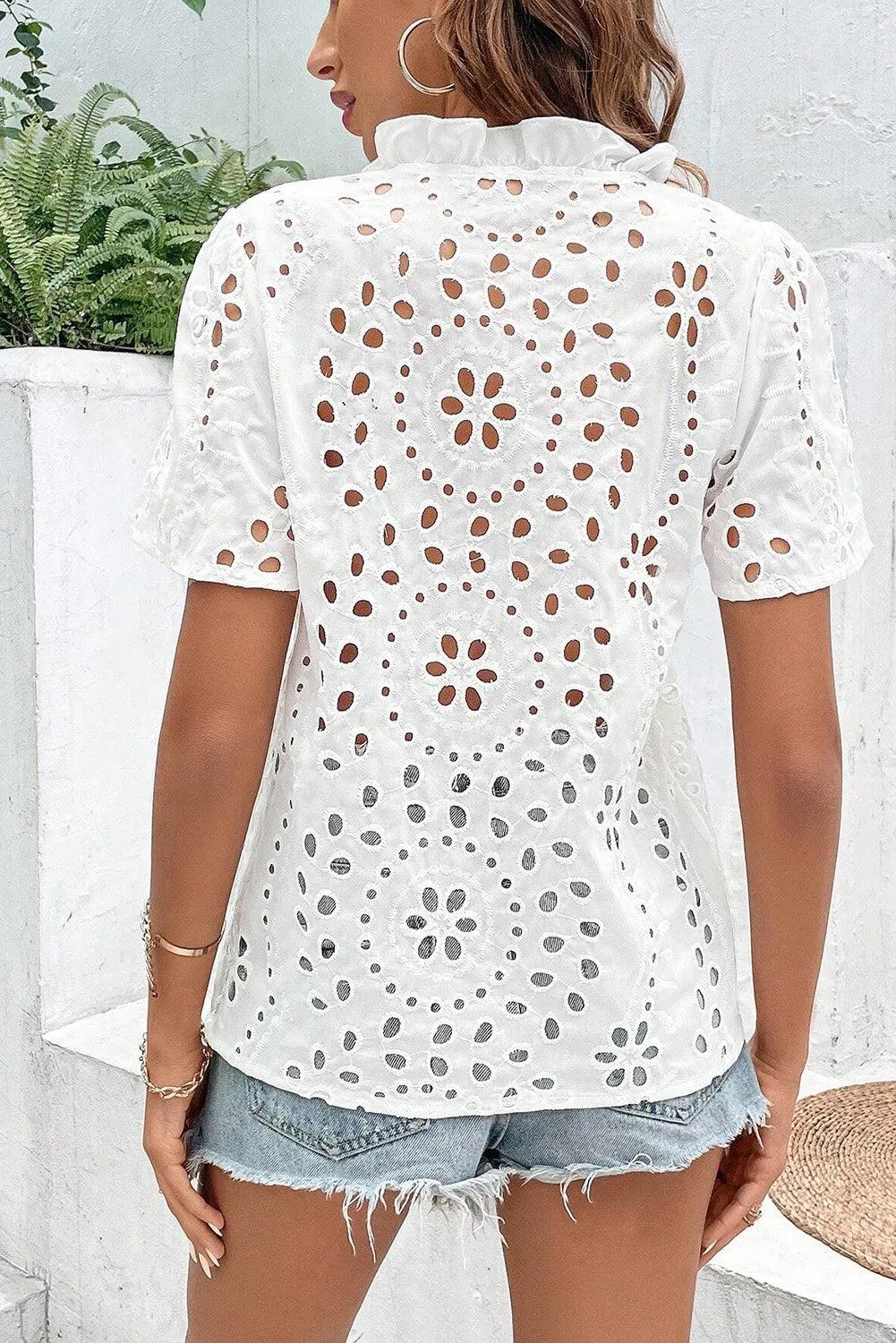 Eyelet Frill Short Sleeve Blouse Blouses Trends