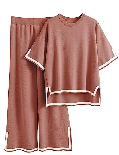 Faleave Womens Knit 2 Piece Sweater Sets Short Sleeve Pullover Tops Elastic Waist Wide Leg Pants Lounge Set Co-Ords Habits affär Rust X-Large