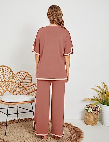 Faleave Womens Knit 2 Piece Sweater Sets Short Sleeve Pullover Tops Elastic Waist Wide Leg Pants Lounge Set Co-Ords Habits affär
