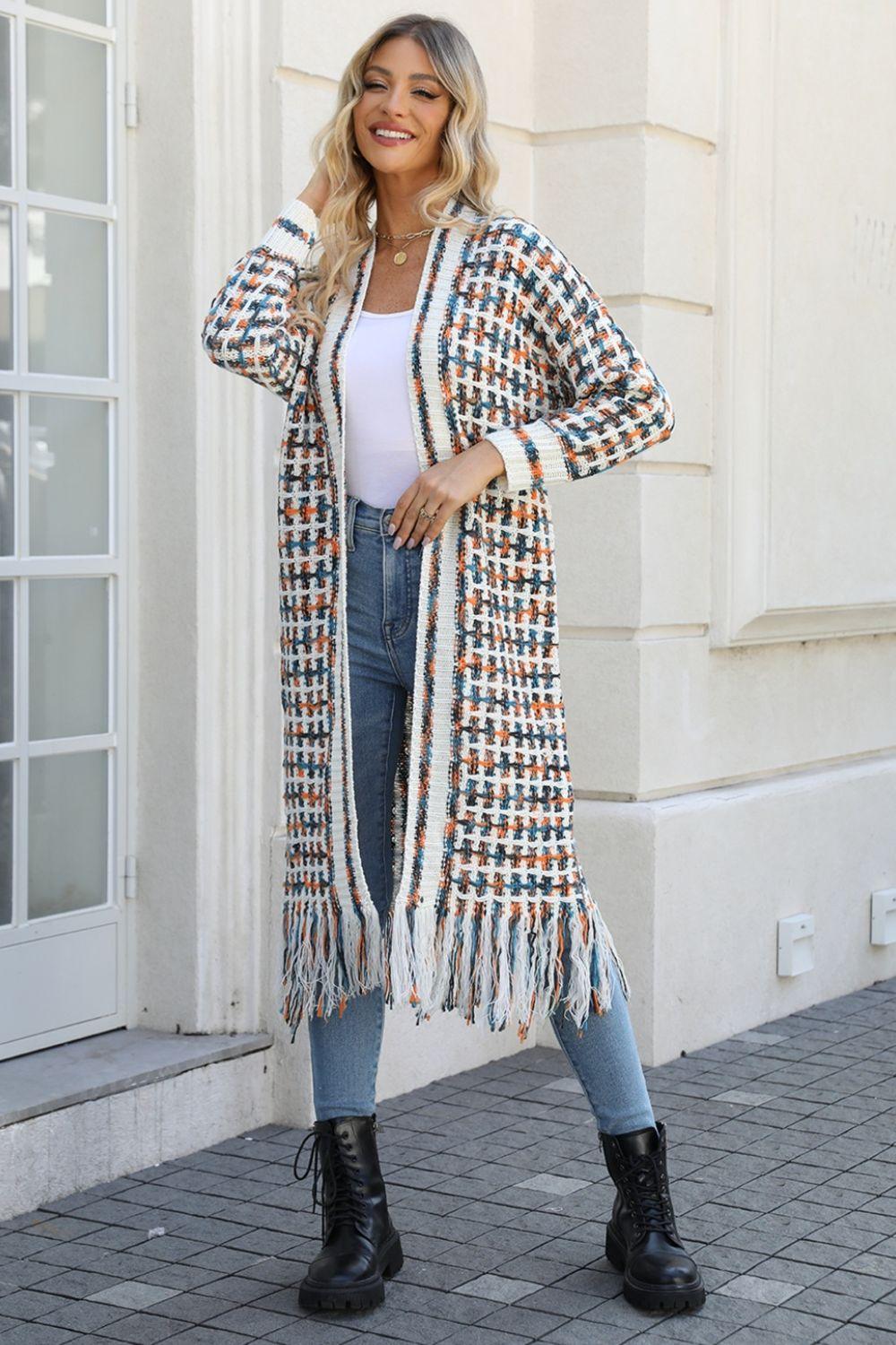 Multicolored Fringe Hem Cardigan Cardigans White Sherbet 3XL