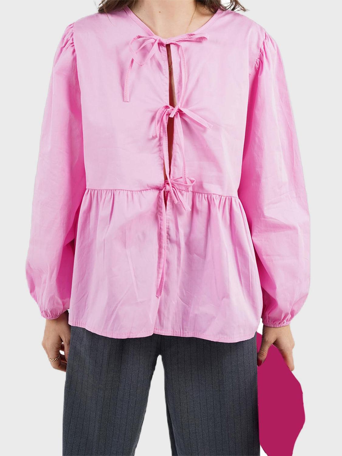Open Tie-Front Long Sleeve Blouse Blouses Trends Blush Pink S