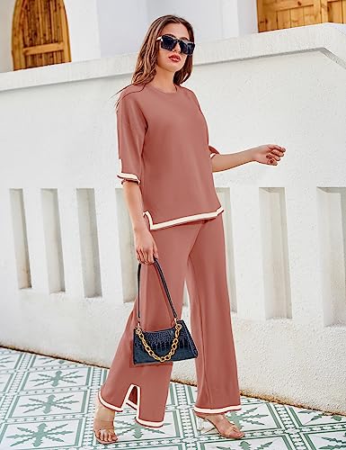 Faleave Womens Knit 2 Piece Sweater Sets Short Sleeve Pullover Tops Elastic Waist Wide Leg Pants Lounge Set Co-Ords Habits affär