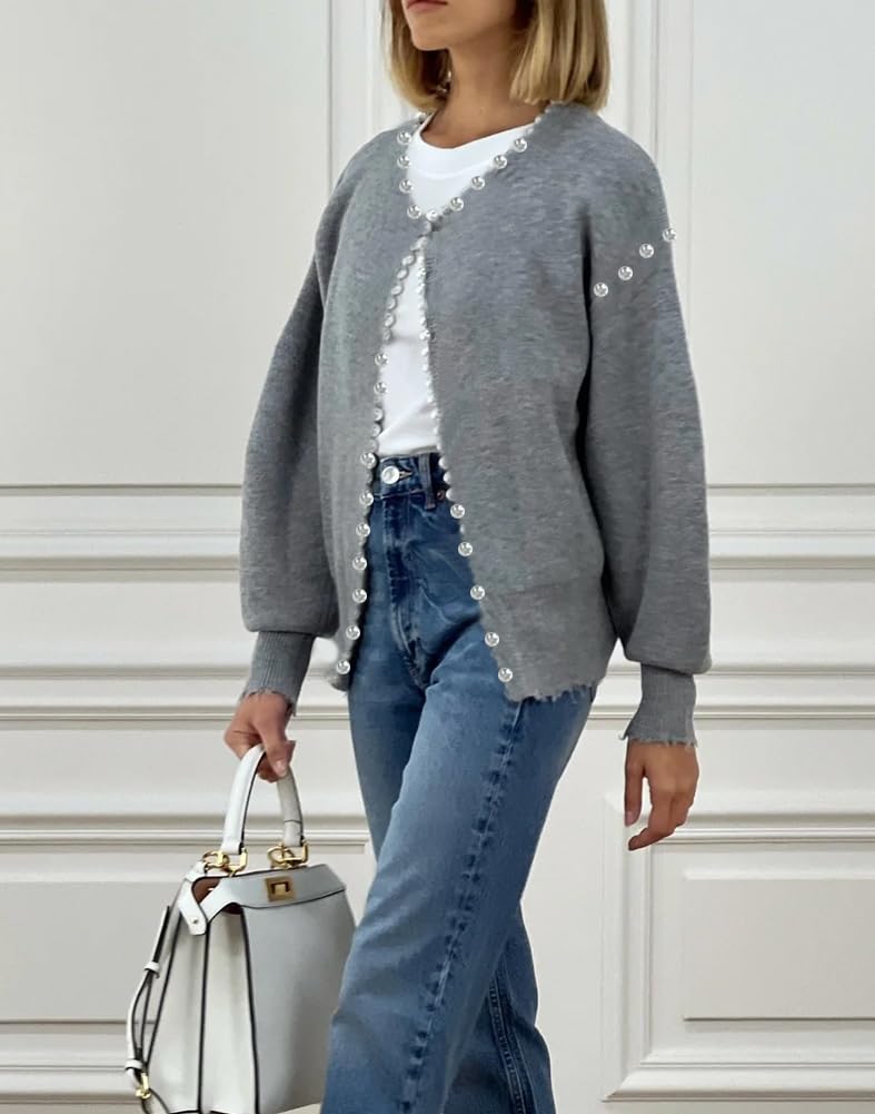 Kedera Women's Fall Sweater Cardigan Open Front Long Sleeve Pearls Cardigans Habits affär