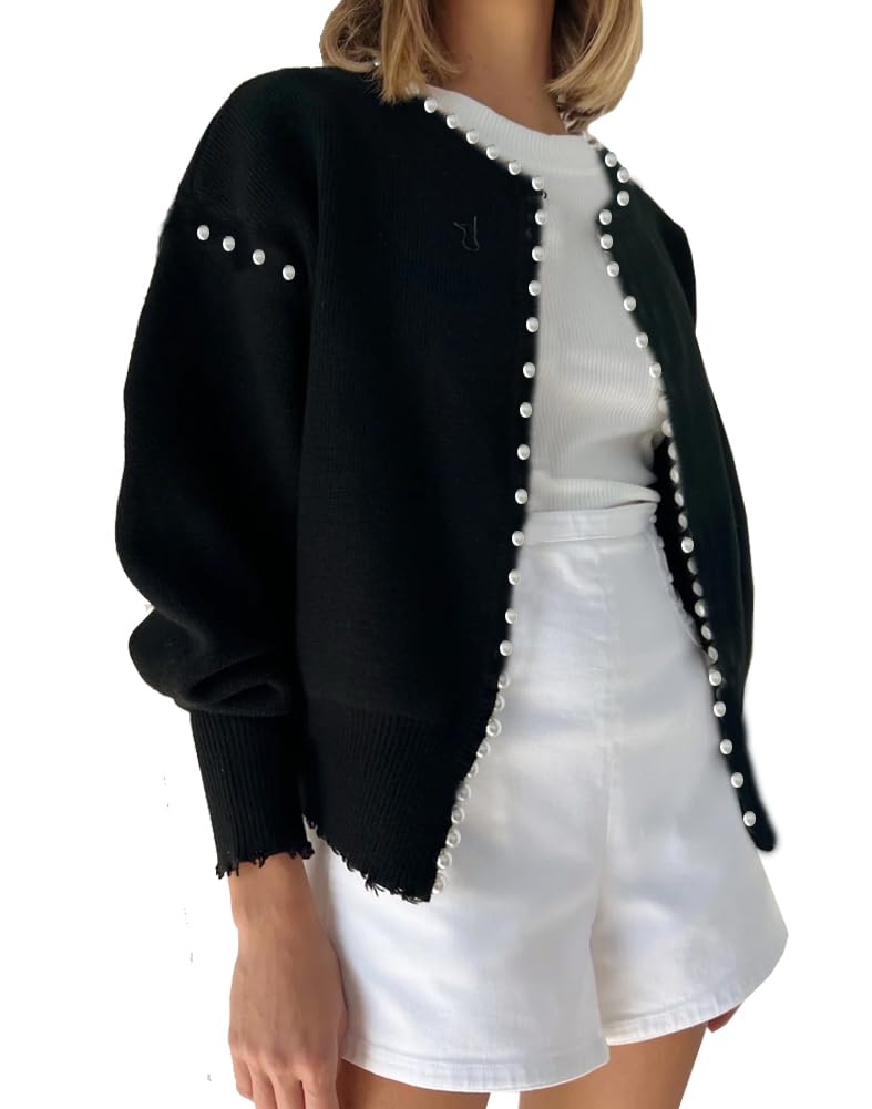 Kedera Women's Fall Sweater Cardigan Open Front Long Sleeve Pearls Cardigans Habits affär Black XX-Large
