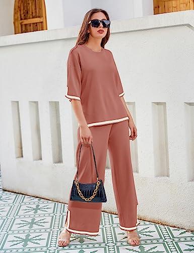 Faleave Womens Knit 2 Piece Sweater Sets Short Sleeve Pullover Tops Elastic Waist Wide Leg Pants Lounge Set Co-Ords Habits affär