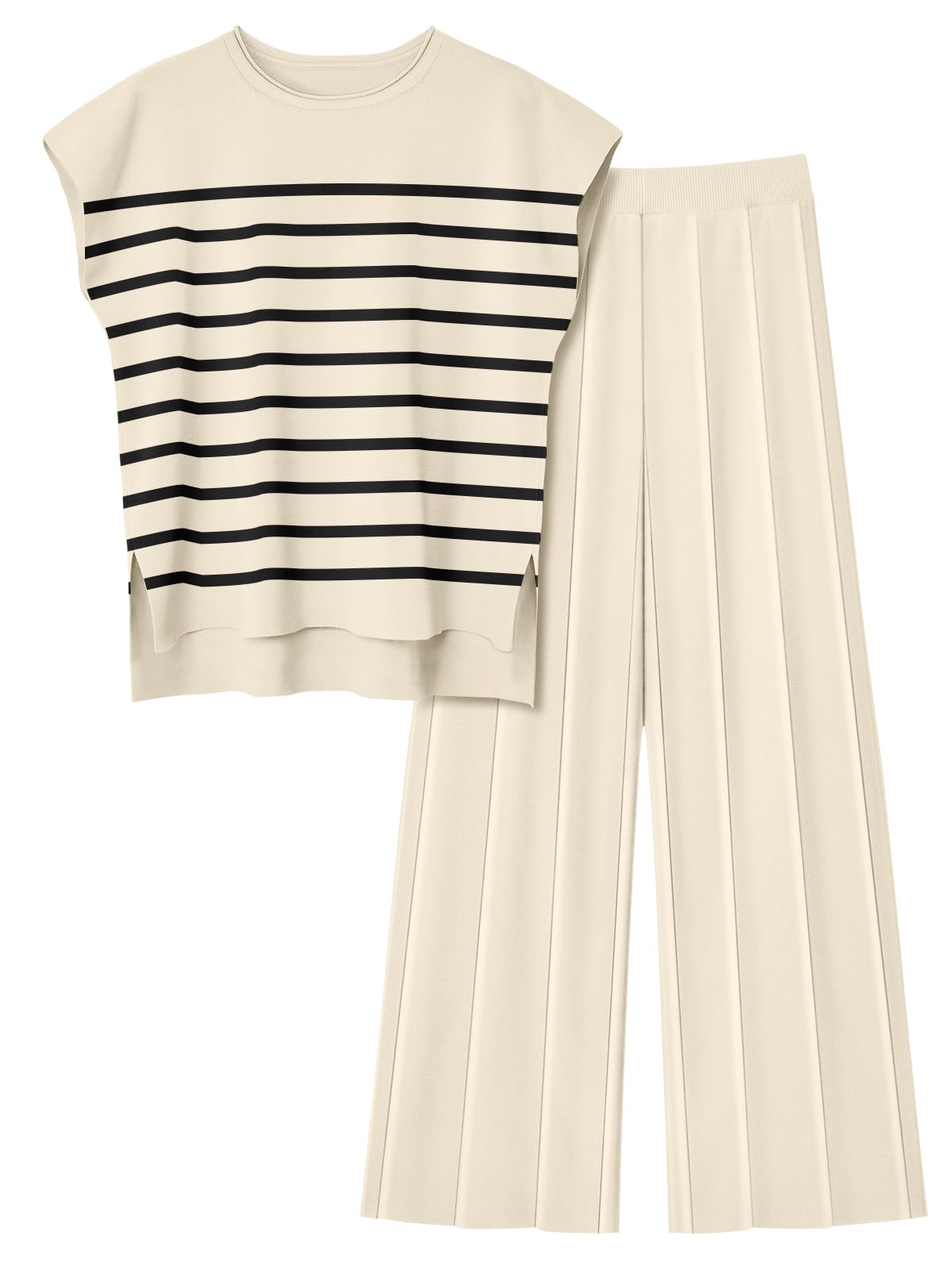 LILLUSORY 2 Piece Outfits for Women Lounge Matching Set Two Piece Knit Tracksuit Sweatsuits Top & Pants Co-Ords Habits affär Striped Apricotblack Large