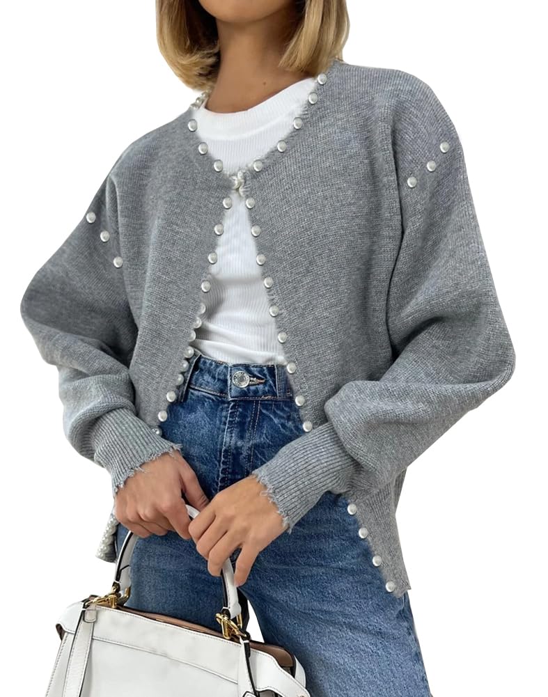 Kedera Women's Fall Sweater Cardigan Open Front Long Sleeve Pearls Cardigans Habits affär Gray Small