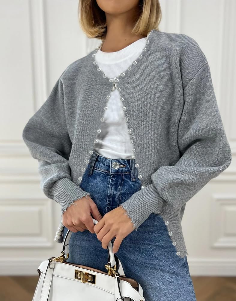 Kedera Women's Fall Sweater Cardigan Open Front Long Sleeve Pearls Cardigans Habits affär