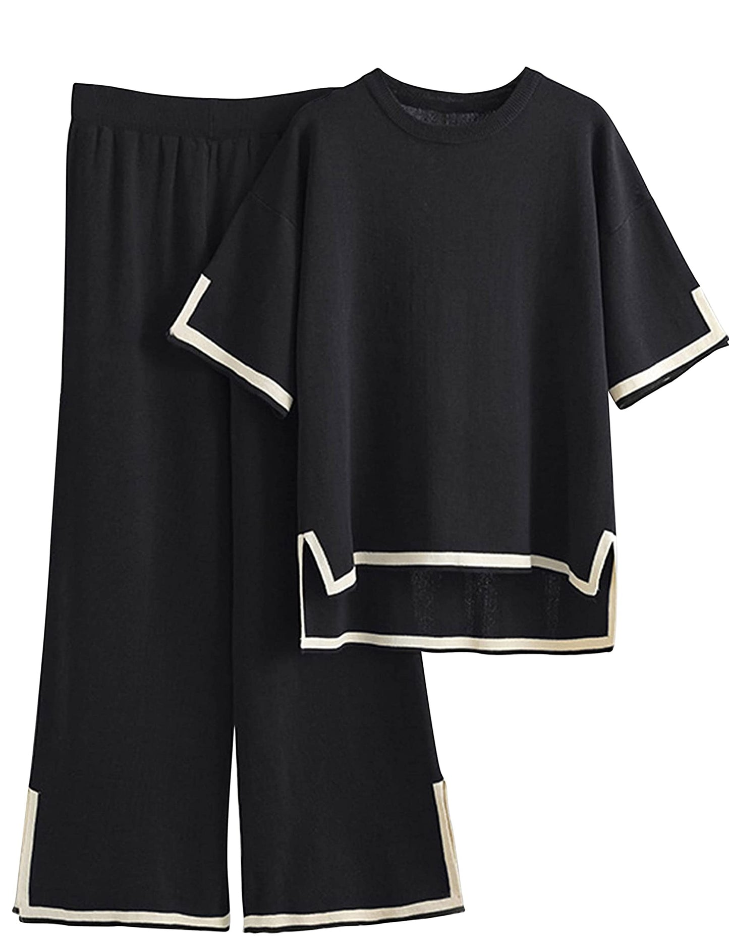 Faleave Womens Knit 2 Piece Sweater Sets Short Sleeve Pullover Tops Elastic Waist Wide Leg Pants Lounge Set Co-Ords Habits affär Black Small