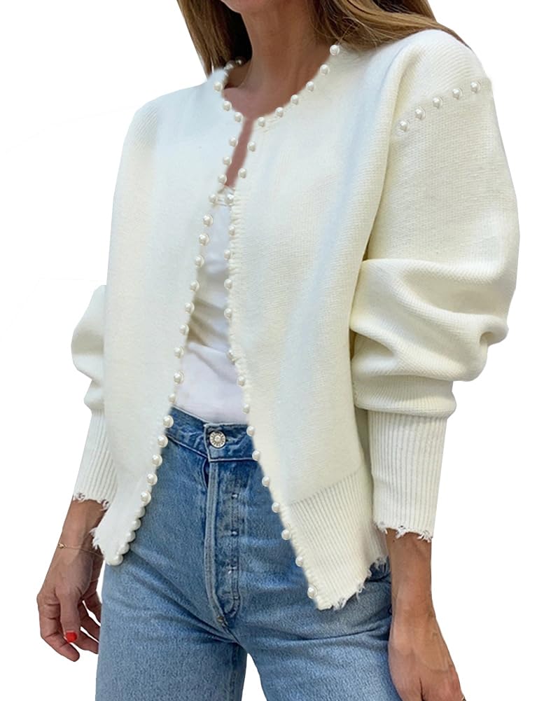 Kedera Women's Fall Sweater Cardigan Open Front Long Sleeve Pearls Cardigans Habits affär White Large