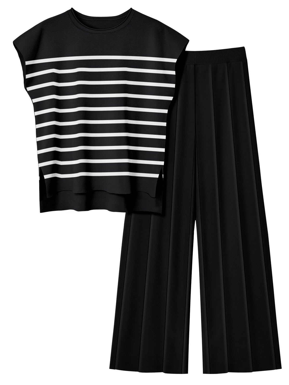 LILLUSORY 2 Piece Outfits for Women Lounge Matching Set Two Piece Knit Tracksuit Sweatsuits Top & Pants Co-Ords Habits affär Striped Blackwhite X-Small
