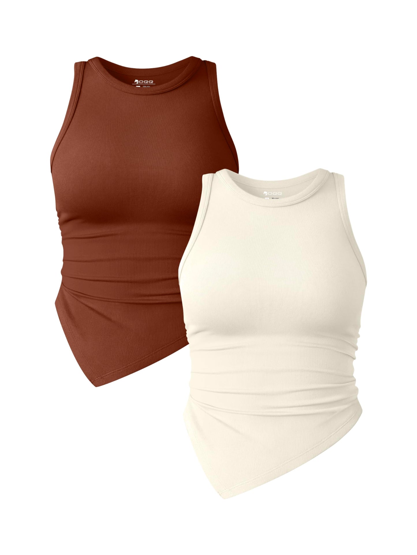 OQQ Women's 2 Piece Tank Tops Ruched Crew Neck Sleeveless Basic Stretch Tee Shirts Tops Habits affär Caramel,beige Medium
