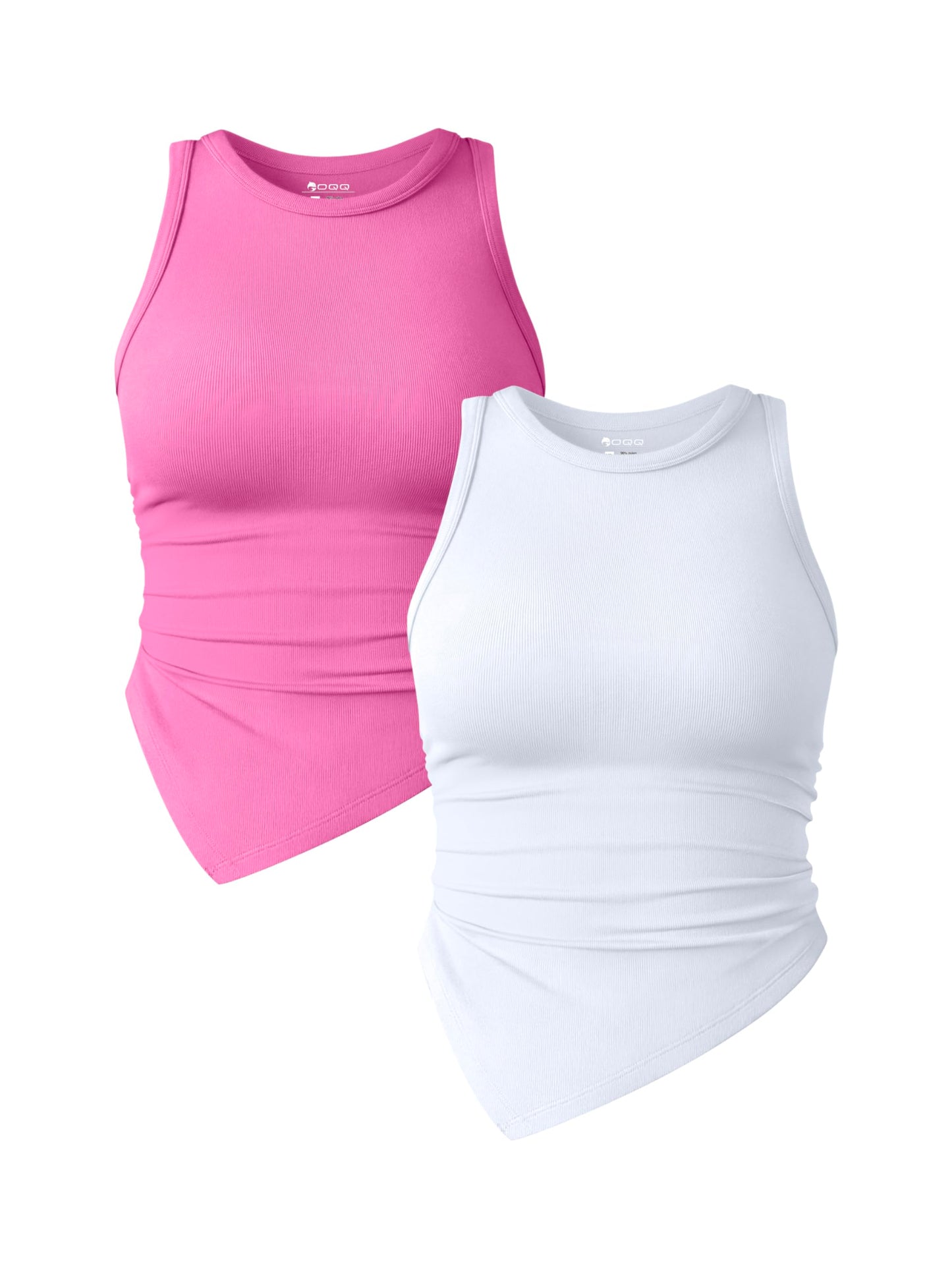 OQQ Women's 2 Piece Tank Tops Ruched Crew Neck Sleeveless Basic Stretch Tee Shirts Tops Habits affär Rose,white Medium