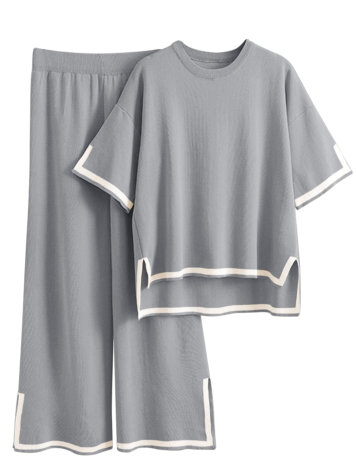 Faleave Womens Knit 2 Piece Sweater Sets Short Sleeve Pullover Tops Elastic Waist Wide Leg Pants Lounge Set Co-Ords Habits affär Grey X-Large