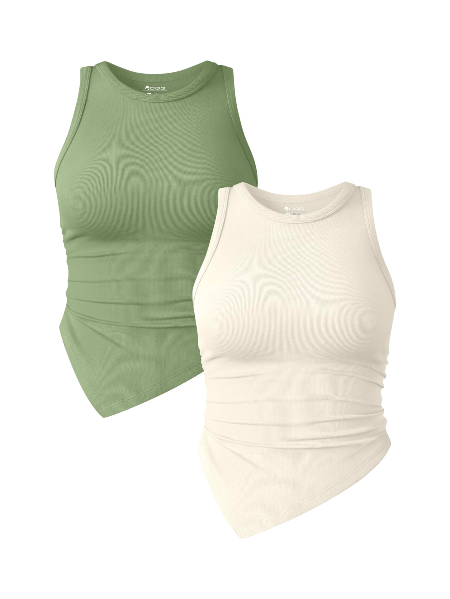 OQQ Women's 2 Piece Tank Tops Ruched Crew Neck Sleeveless Basic Stretch Tee Shirts Tops Habits affär Pea Green,beige Large