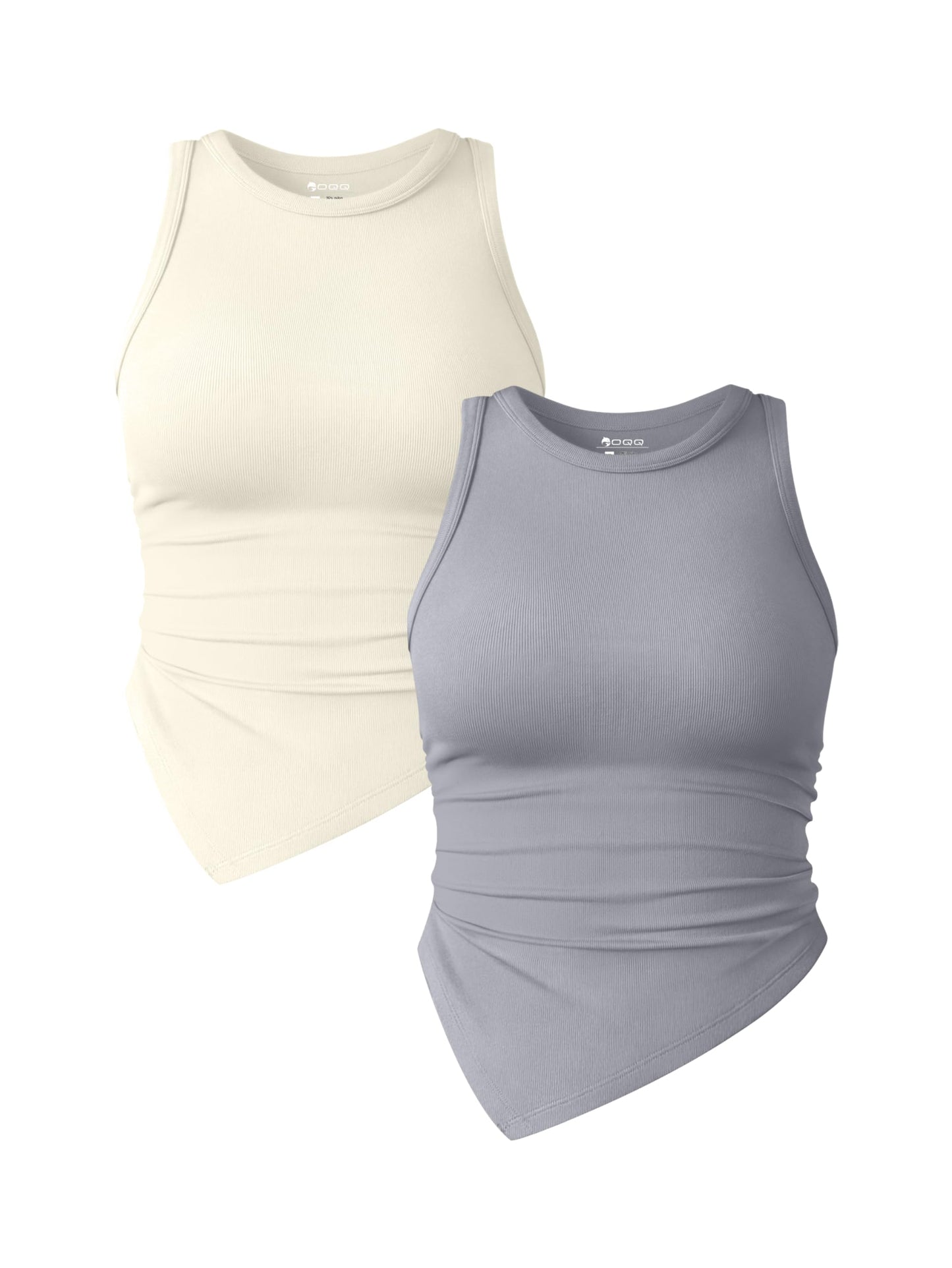 OQQ Women's 2 Piece Tank Tops Ruched Crew Neck Sleeveless Basic Stretch Tee Shirts Tops Habits affär Grey,beige Small