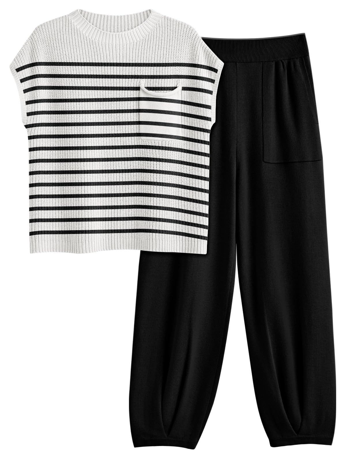 LILLUSORY 2 Piece Knit Sets For Women Trendy Sweatsuit Sets Co-Ords Habits affär Stripes Black Small