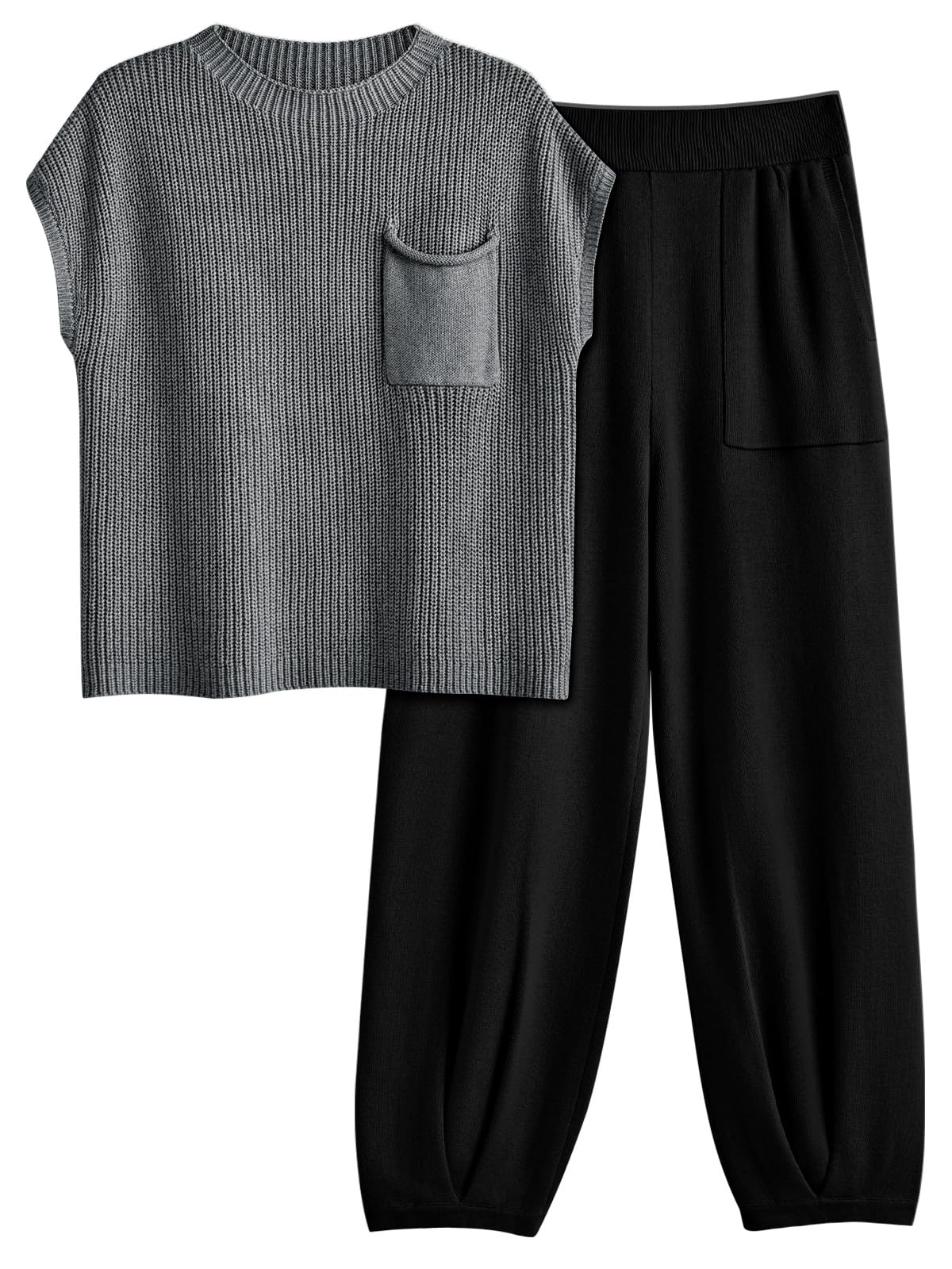LILLUSORY 2 Piece Knit Sets For Women Trendy Sweatsuit Sets Co-Ords Habits affär Black&grey Large