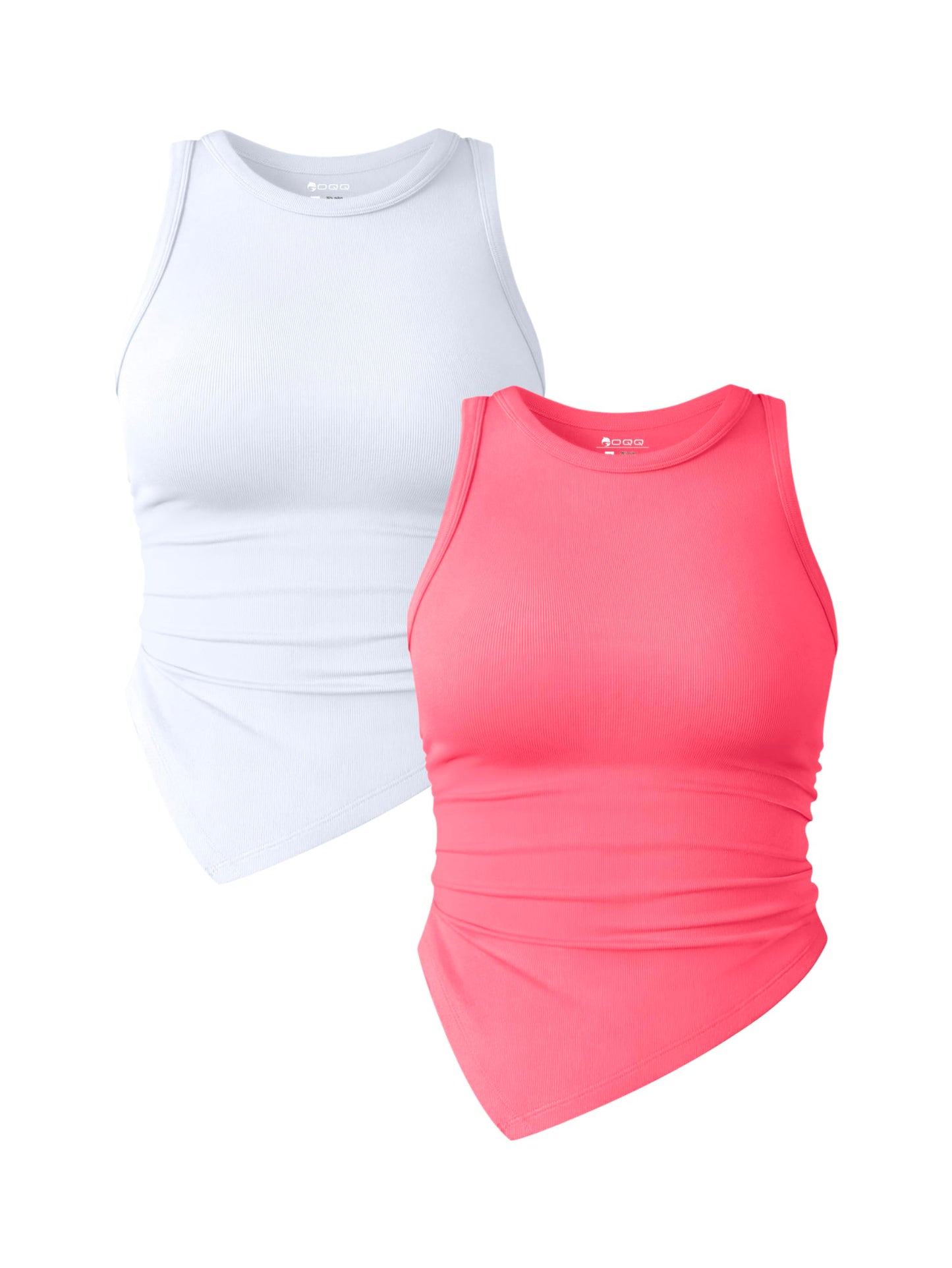 OQQ Women's 2 Piece Tank Tops Ruched Crew Neck Sleeveless Basic Stretch Tee Shirts Tops Habits affär Fluorescent Pink A,white Small