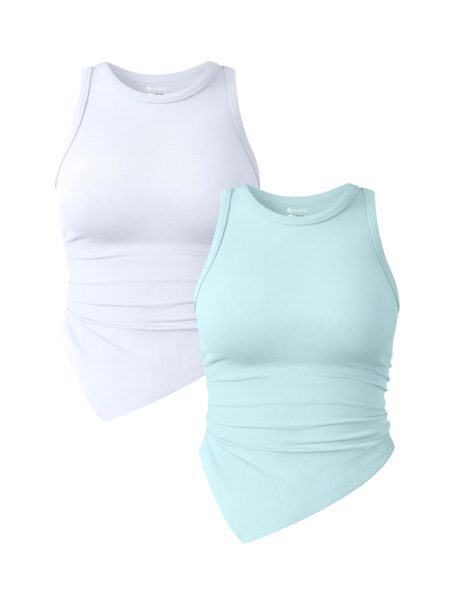 OQQ Women's 2 Piece Tank Tops Ruched Crew Neck Sleeveless Basic Stretch Tee Shirts Tops Habits affär Sea Salt Blue,white Large
