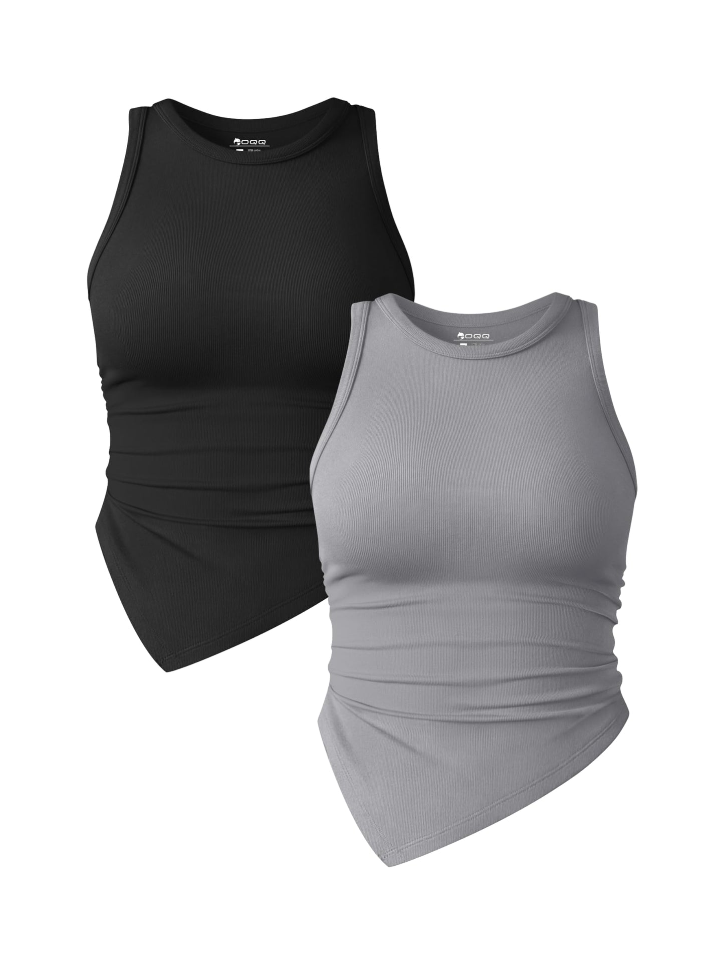 OQQ Women's 2 Piece Tank Tops Ruched Crew Neck Sleeveless Basic Stretch Tee Shirts Tops Habits affär Black,smoke Grey Small