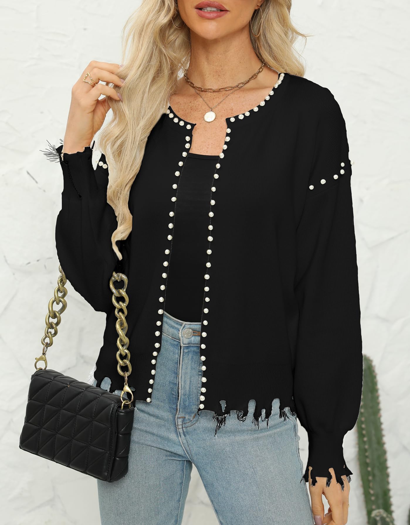 Kedera Women's Fall Sweater Cardigan Open Front Long Sleeve Pearls Cardigans Habits affär