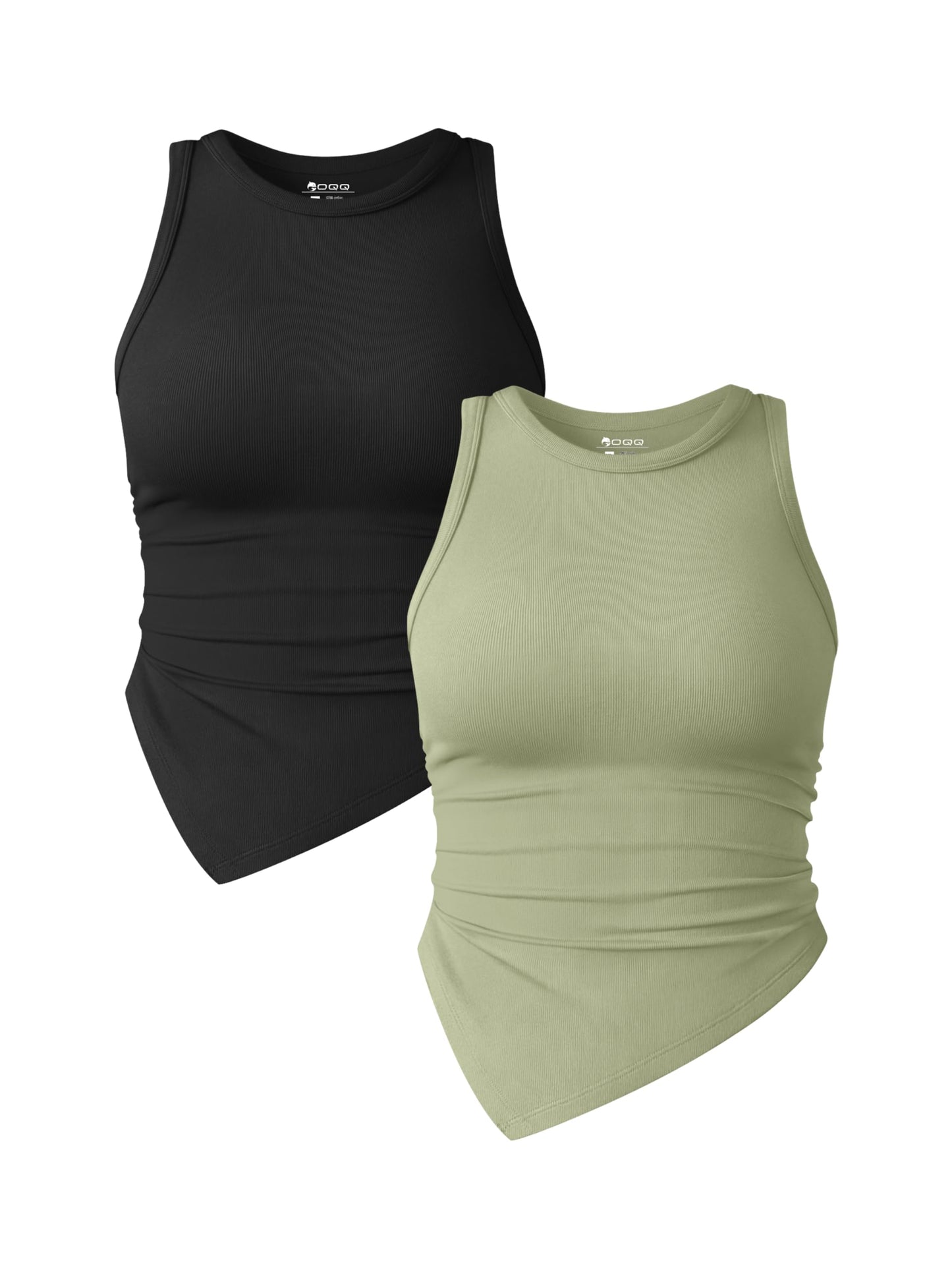 OQQ Women's 2 Piece Tank Tops Ruched Crew Neck Sleeveless Basic Stretch Tee Shirts Tops Habits affär Black,jade Green Small