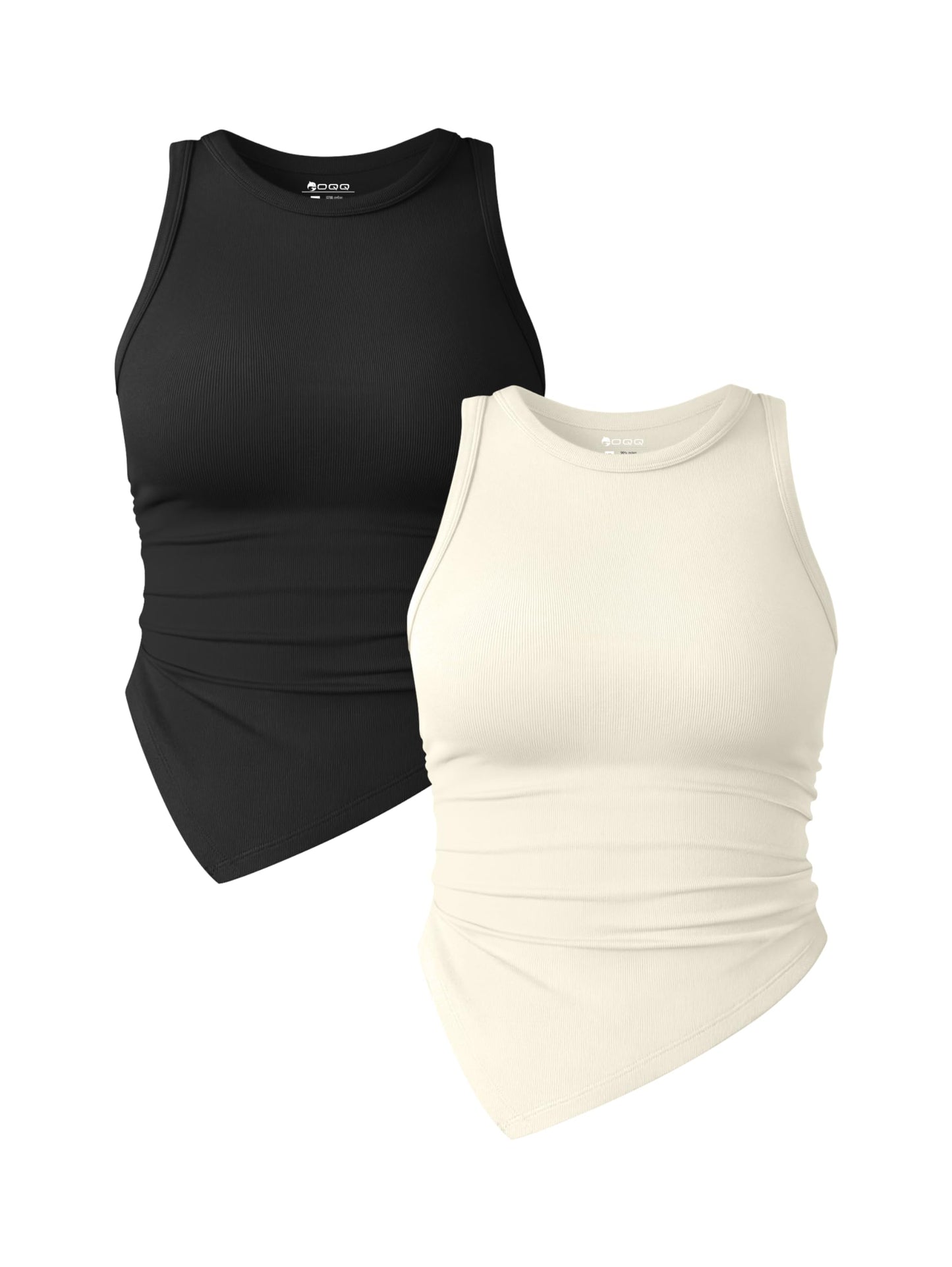 OQQ Women's 2 Piece Tank Tops Ruched Crew Neck Sleeveless Basic Stretch Tee Shirts Tops Habits affär Black,beige Small