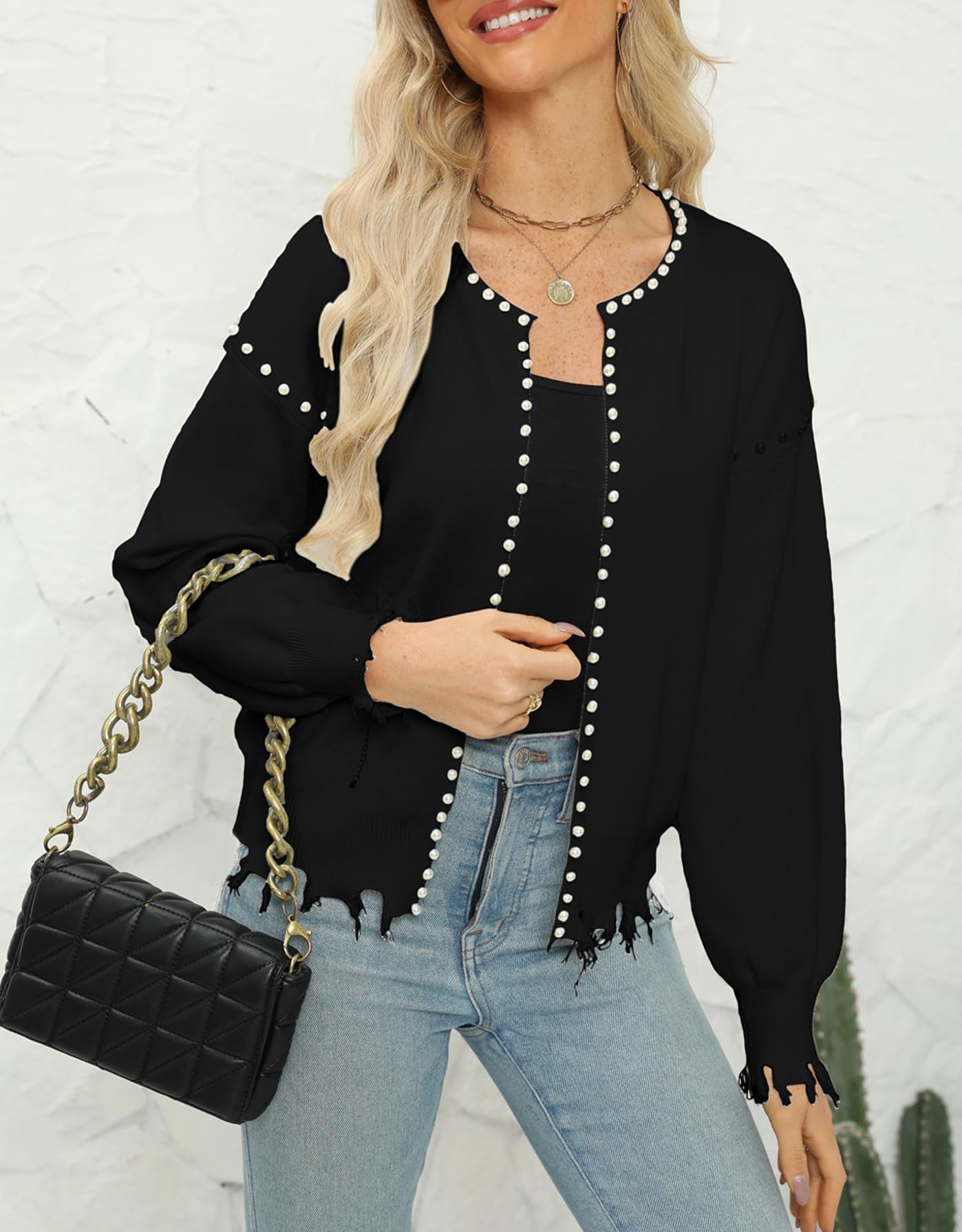 Kedera Women's Fall Sweater Cardigan Open Front Long Sleeve Pearls Cardigans Habits affär