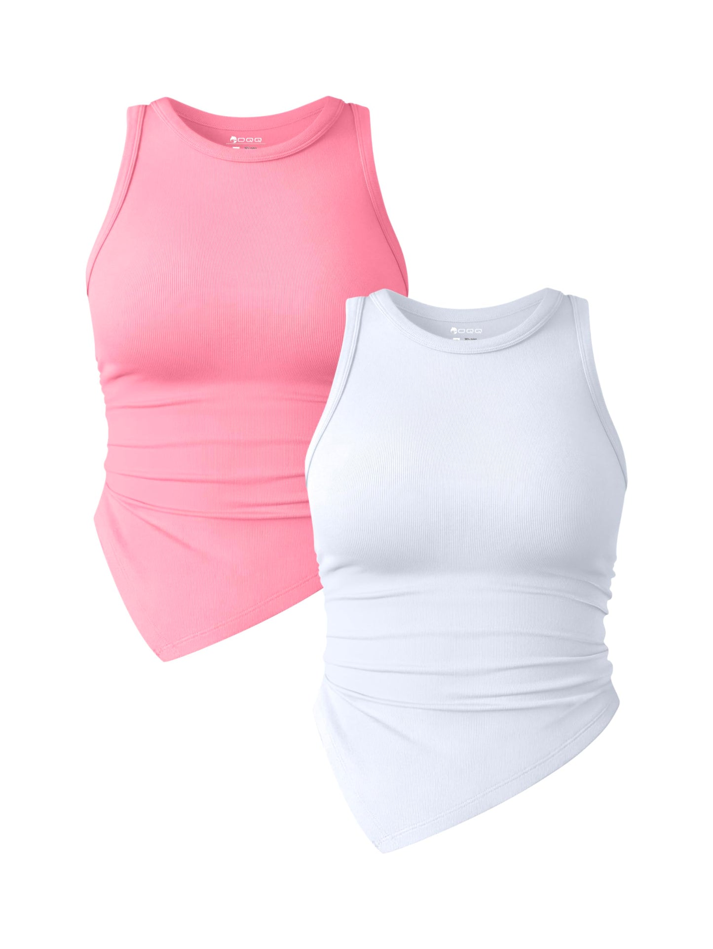 OQQ Women's 2 Piece Tank Tops Ruched Crew Neck Sleeveless Basic Stretch Tee Shirts Tops Habits affär Candypink,white Large