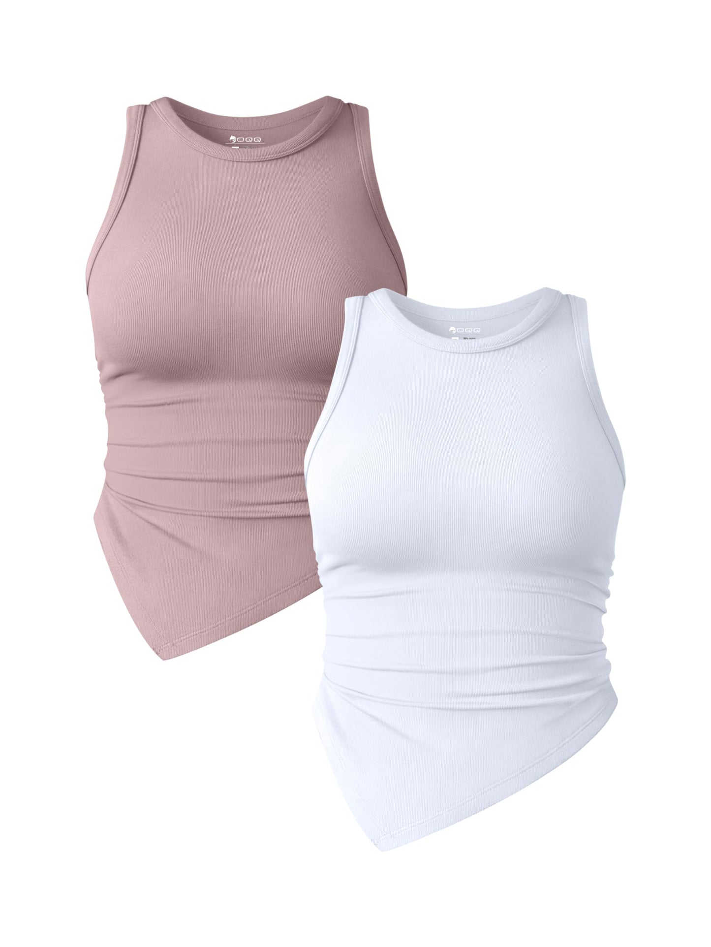OQQ Women's 2 Piece Tank Tops Ruched Crew Neck Sleeveless Basic Stretch Tee Shirts Tops Habits affär Hide Pink,white Medium