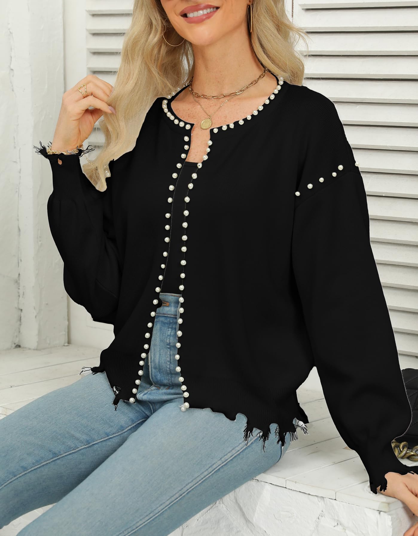 Kedera Women's Fall Sweater Cardigan Open Front Long Sleeve Pearls Cardigans Habits affär