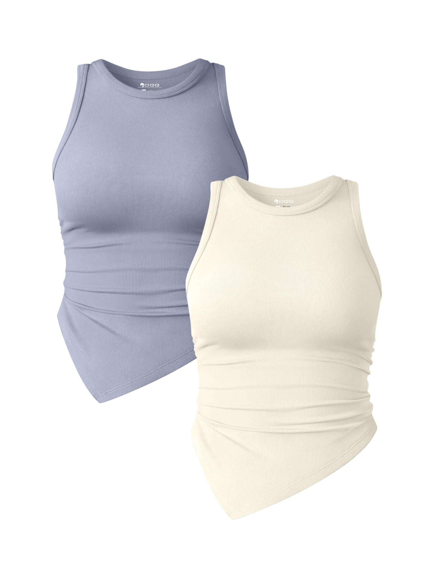 OQQ Women's 2 Piece Tank Tops Ruched Crew Neck Sleeveless Basic Stretch Tee Shirts Tops Habits affär Blues,beige Small