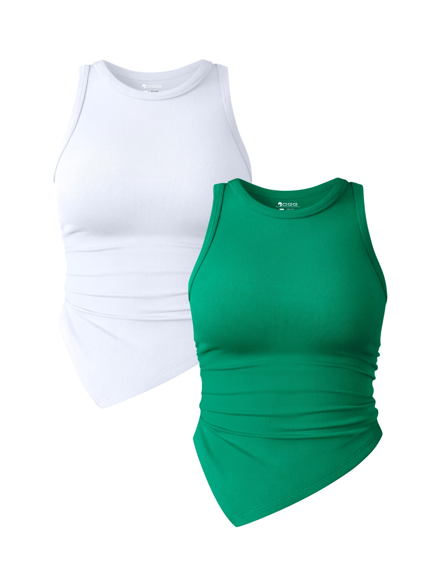 OQQ Women's 2 Piece Tank Tops Ruched Crew Neck Sleeveless Basic Stretch Tee Shirts Tops Habits affär Green,white X-Large