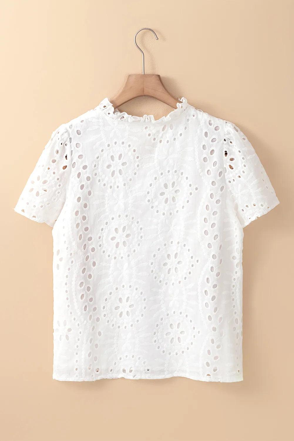 Eyelet Frill Short Sleeve Blouse Blouses Trends