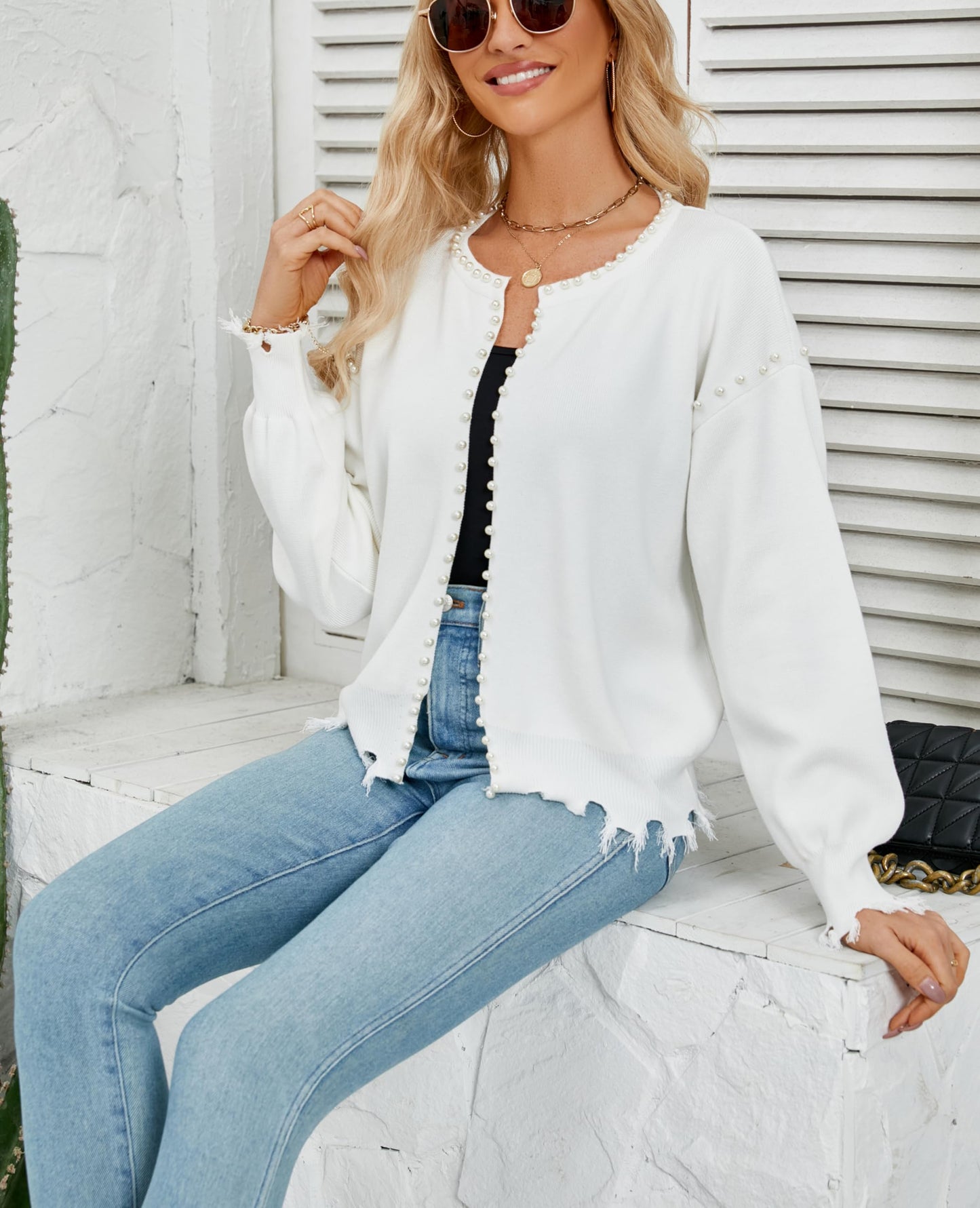 Kedera Women's Fall Sweater Cardigan Open Front Long Sleeve Pearls Cardigans Habits affär