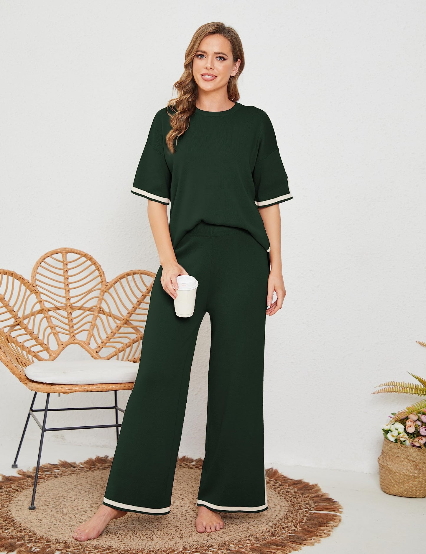 Faleave Womens Knit 2 Piece Sweater Sets Short Sleeve Pullover Tops Elastic Waist Wide Leg Pants Lounge Set Co-Ords Habits affär