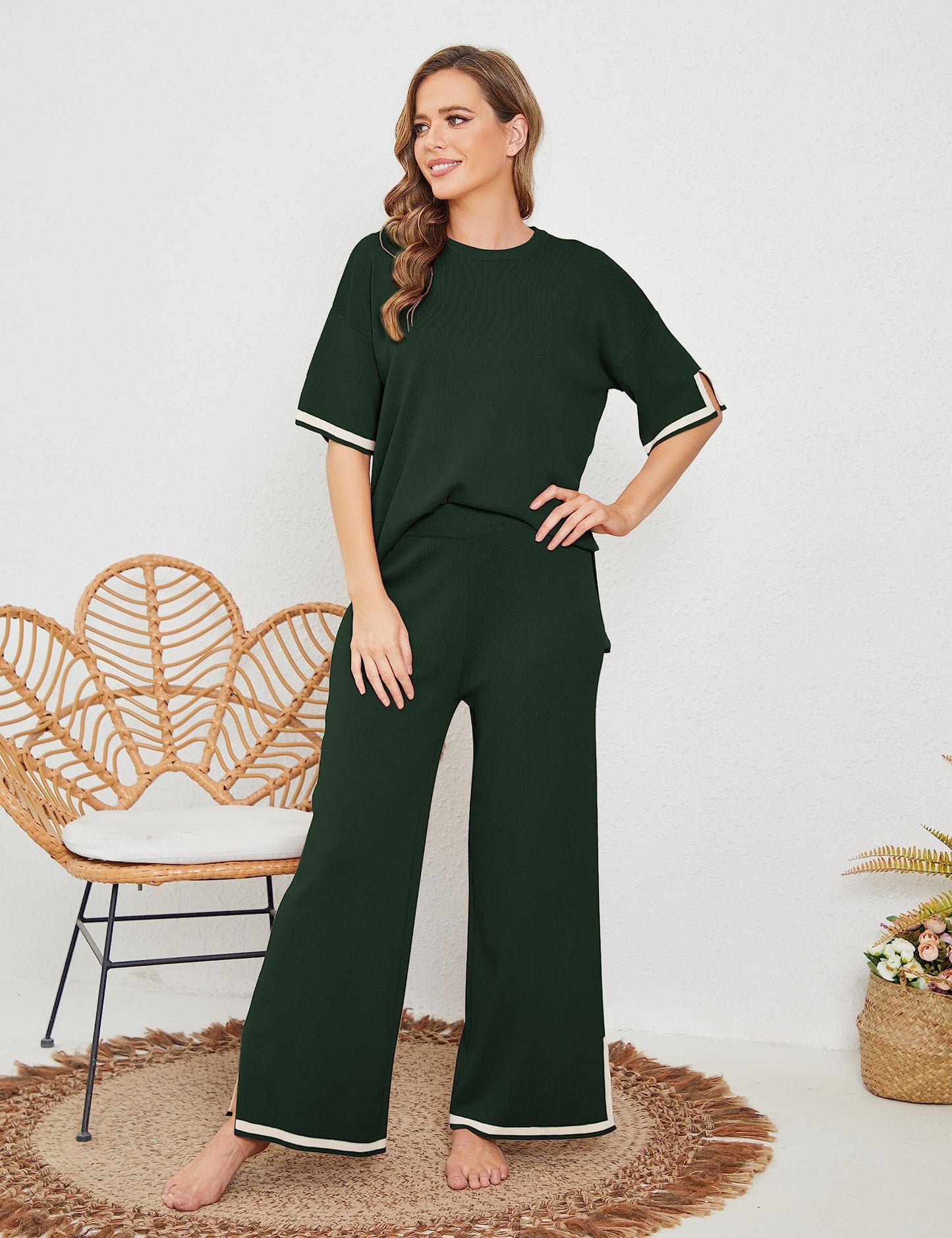 Faleave Womens Knit 2 Piece Sweater Sets Short Sleeve Pullover Tops Elastic Waist Wide Leg Pants Lounge Set Co-Ords Habits affär