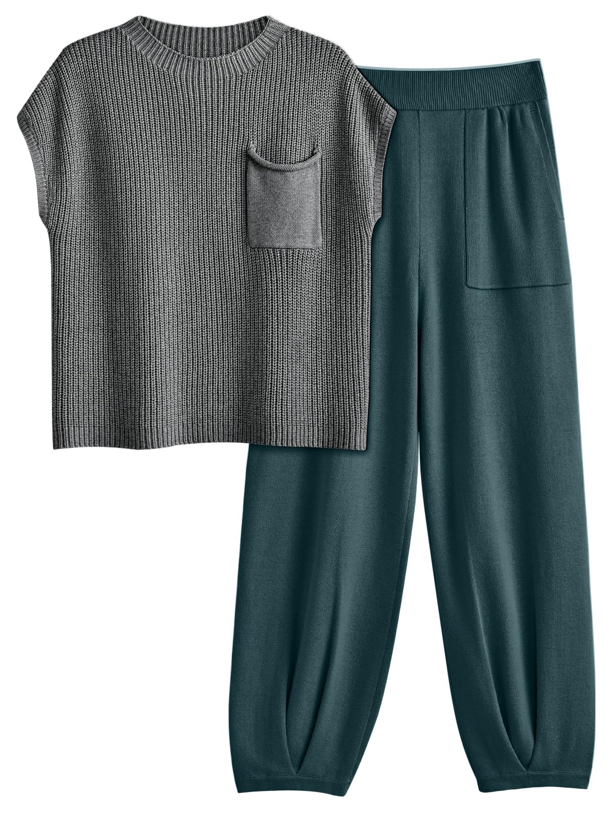 LILLUSORY 2 Piece Knit Sets For Women Trendy Sweatsuit Sets Co-Ords Habits affär Green&grey Medium